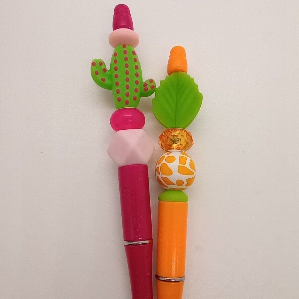 Cactus Leaf Plant Lady Beaded Pen Set Silicone Beads Orange And Pink Ballpoint